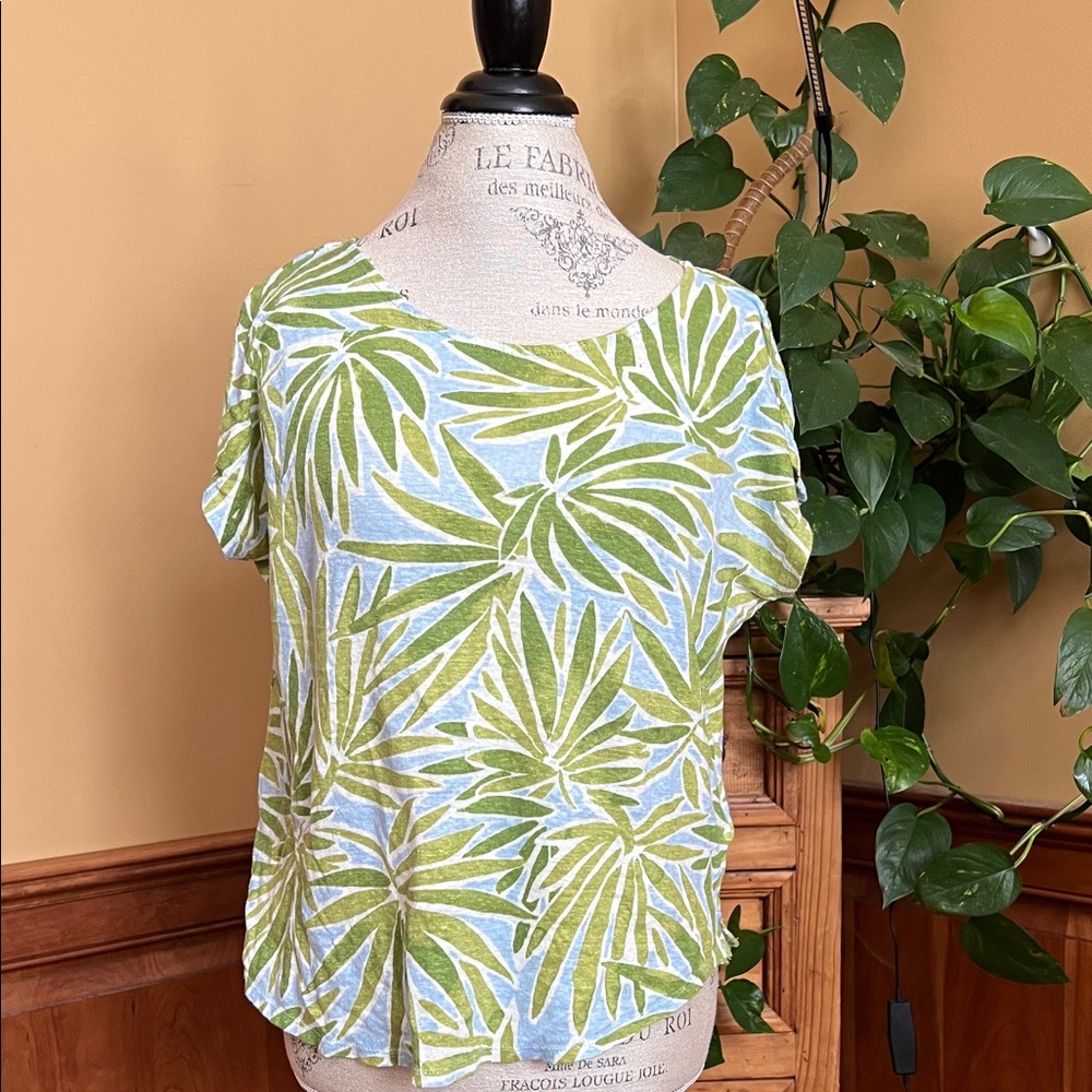 Sigrid Olsen Green Blue Tropical Leaf Print Women's Top Linen XL